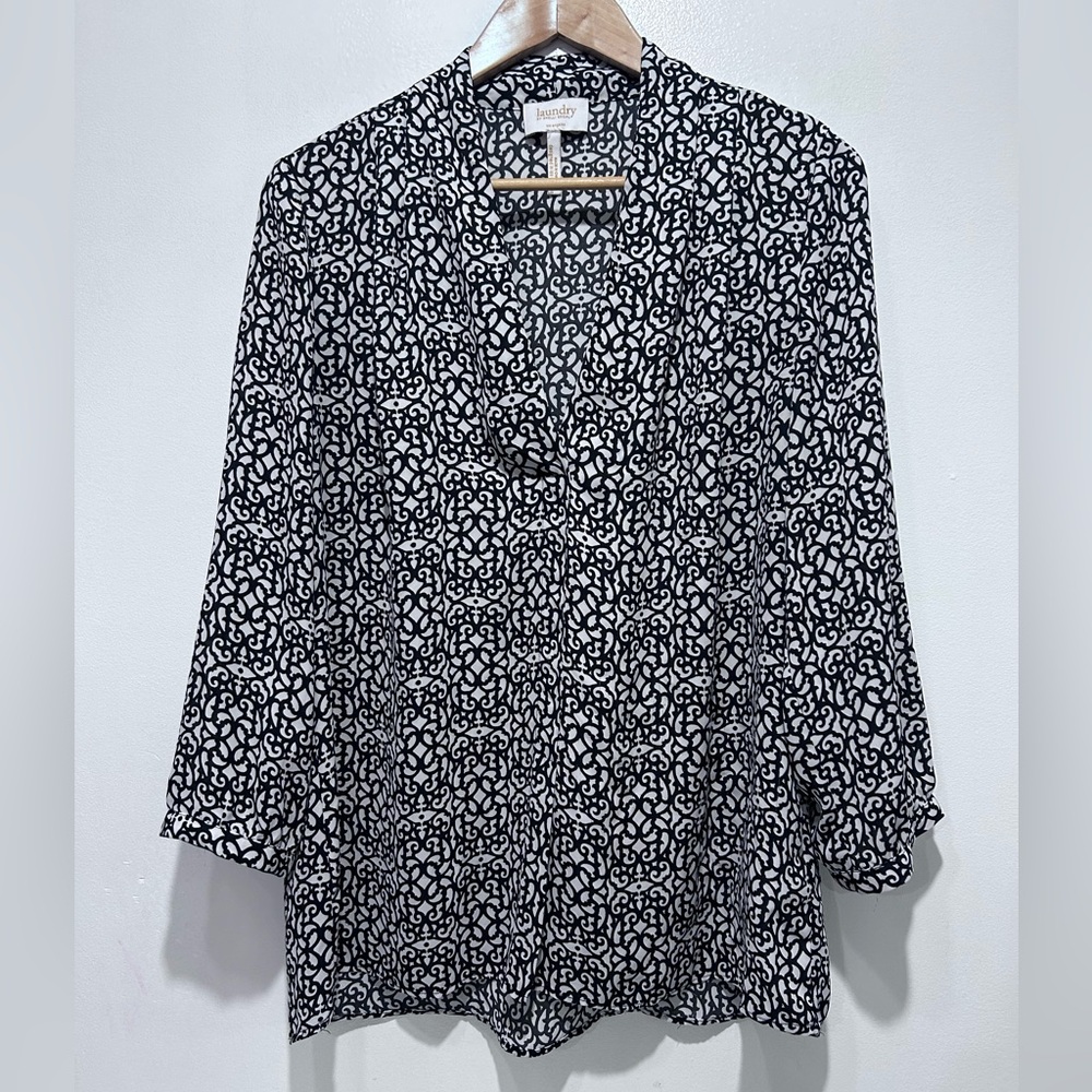 Laundry By Shelli Segal Women’s Black‎ White Patterned Long Sleeve Blouse Size L